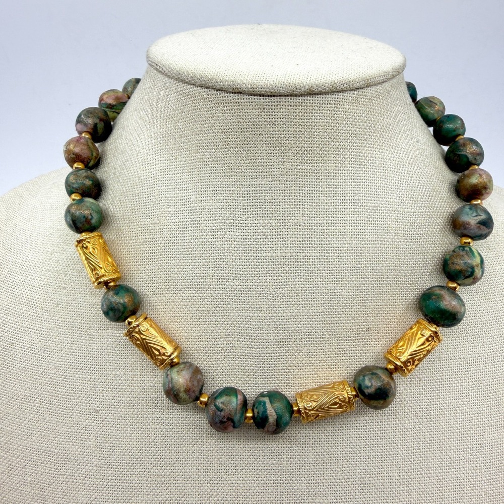 Green Pink Marbled Bead Necklace Gold Tone Tribal Boho Statement Jewelry Gift